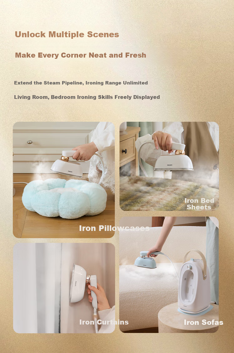 PHILIPS Desktop Space-Saving Iron, Handheld Home Small Garment Steamer, Maximum Steam Output 84g/min, 1L Bean-Shaped Iron STE0950/70, Peach Steam Bag 19