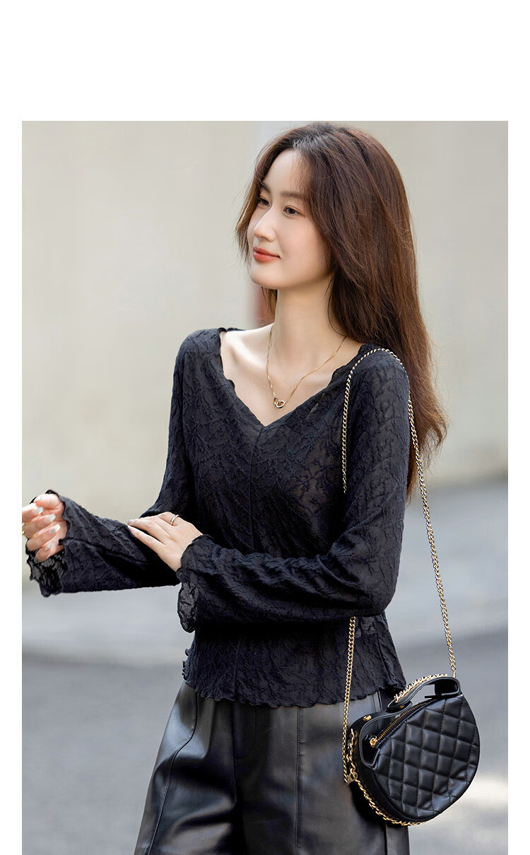 Demana [Floating Dream Floral Shadow] Autumn Elegant V-Neck Lace Embroidered Long Sleeve Stretchy Petite Women's T-Shirt 1