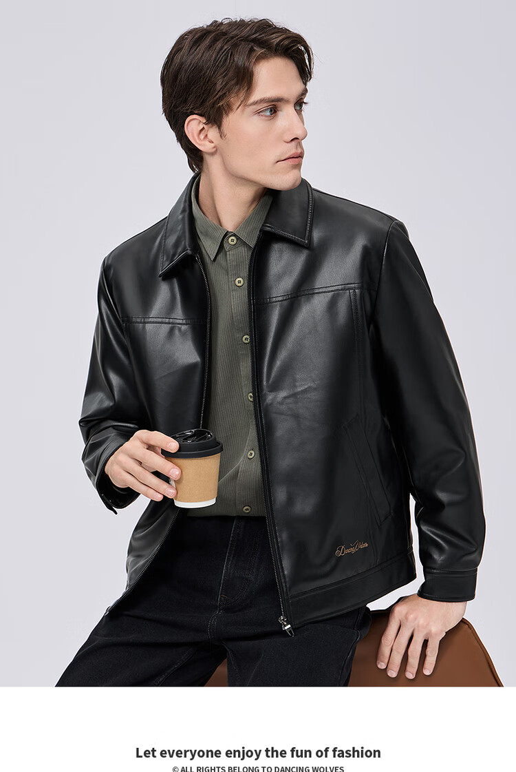 DANCING WOLVES Graphene Heated Thickened PU Leather Jacket with Down Liner and Lapel Collar for Men, Black 001, Size L 1