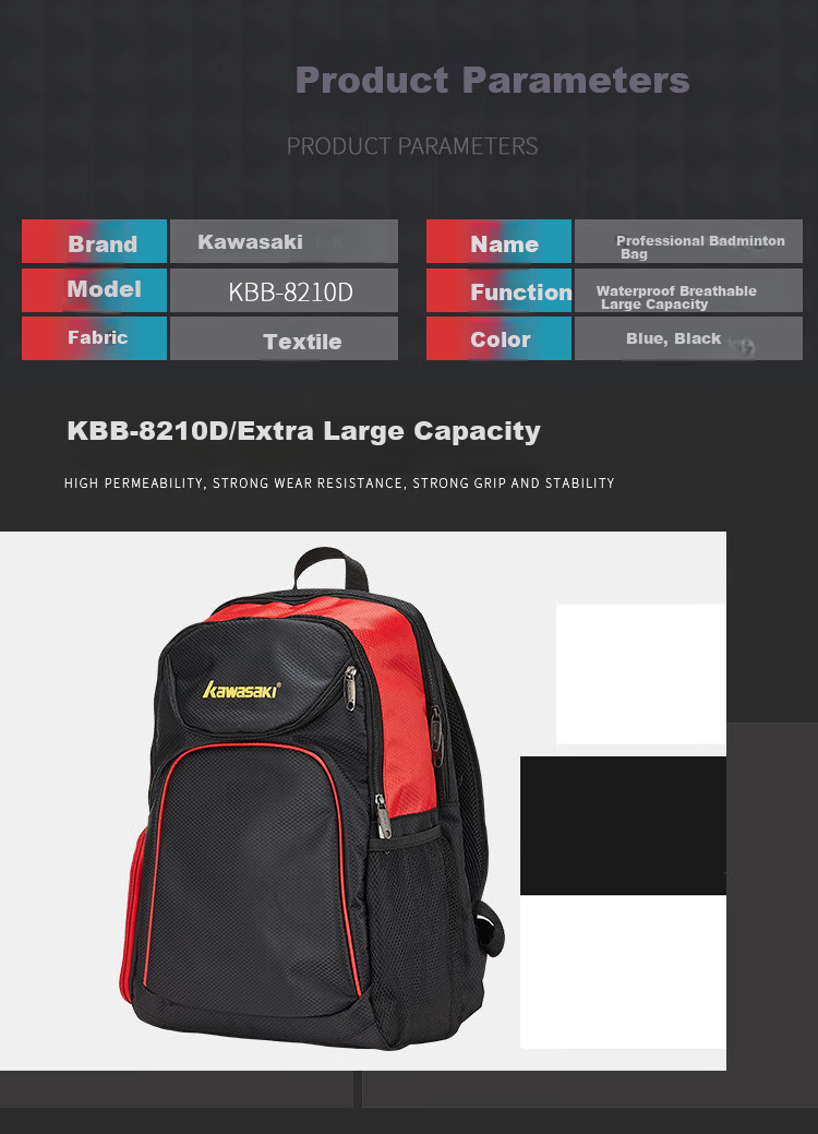 KAWASAKI Badminton Bag, Double Shoulder Backpack, Holds 3 Rackets, Multifunctional Sports Backpack for Men And Women, Tennis Bag, Model 8210, Black 5