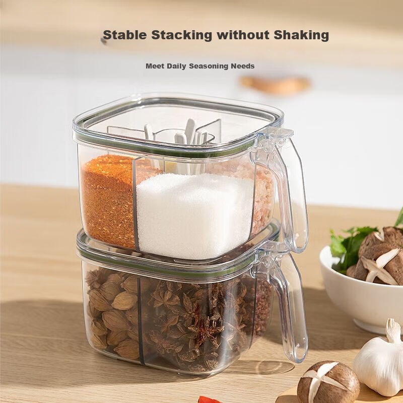 Suncha Multi-Compartment Seasoning Container, Kitchen Storage Box with Four-In Design, Salt Shaker Bottle, Spoon Separatio