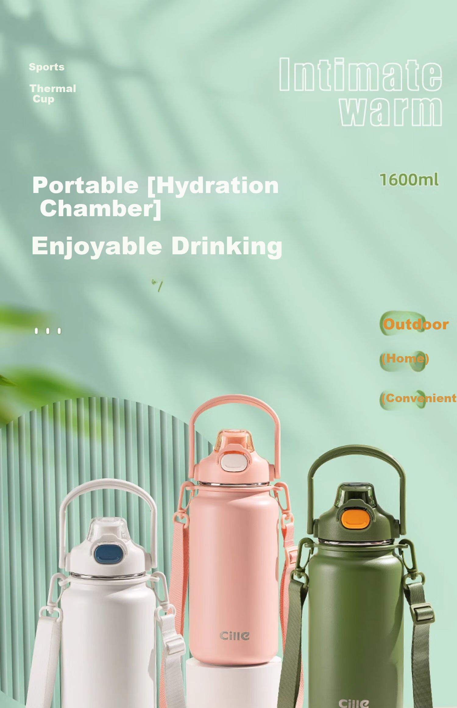 Cille Insulated Water Bottle, Large Capacity, 316 Stainless Steel Straw Cup, Dual-Use Strap for Men And Women, Outdoor Sports Water Bottle, 1.3L 1