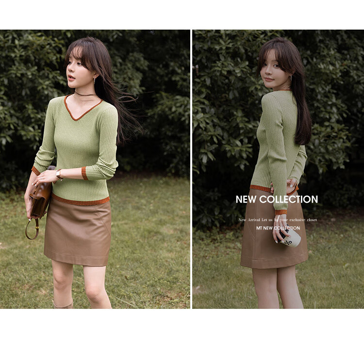 Mt Soft Power Style Autumn Retro Colorblock V-Neck Knit Sweater for Petite Women 3
