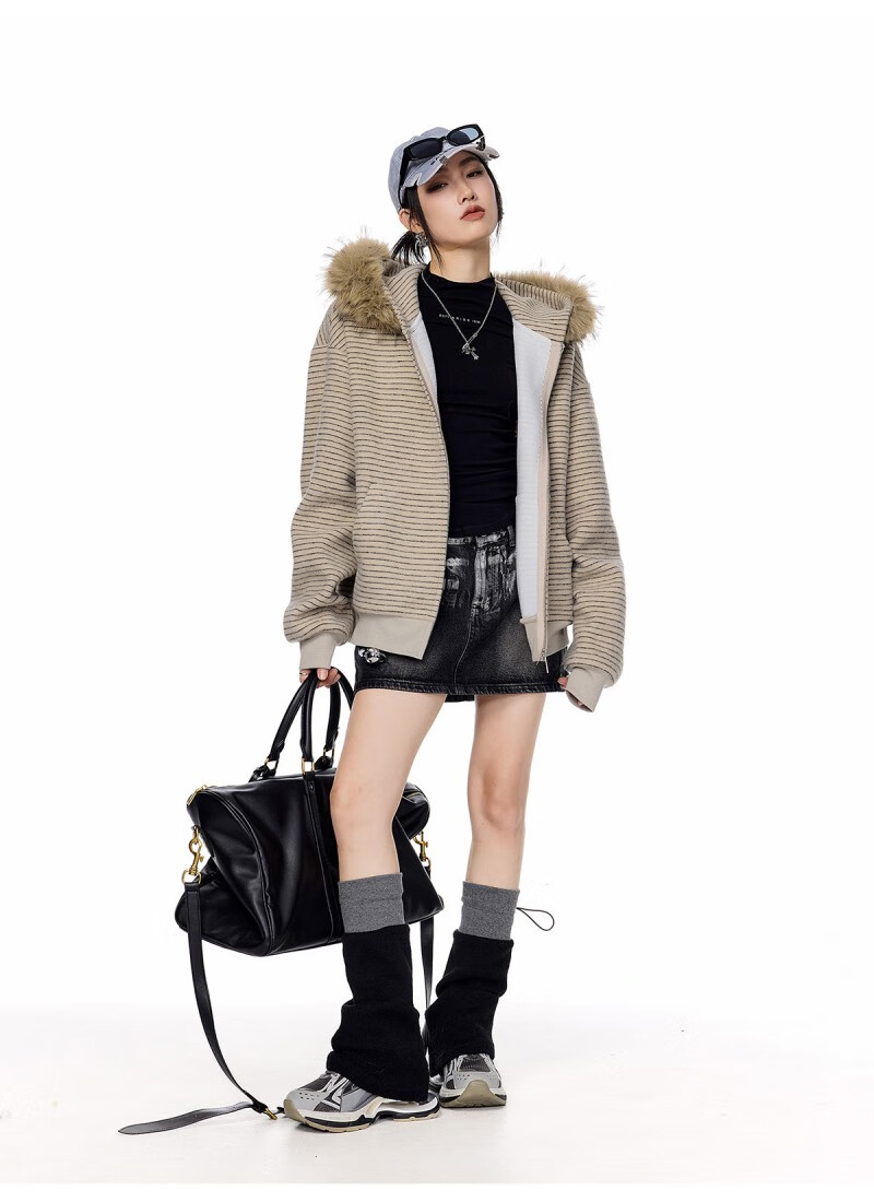 ICH MODE Women's American Style Hooded Striped Jacket with Fur Collar Autumn Winter New Zip-up Sweatshirt Cardigan Black M 23