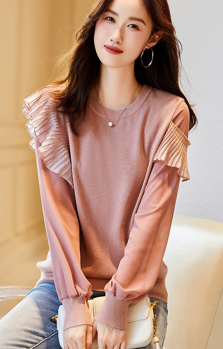 Dme [Containing Fluffy Wool] Spring And Autumn Stylish Spliced Sweater, Concealing Body Shape, Slimming Effect, Elegant Knitted Sweater for Women with High-End Feel 14