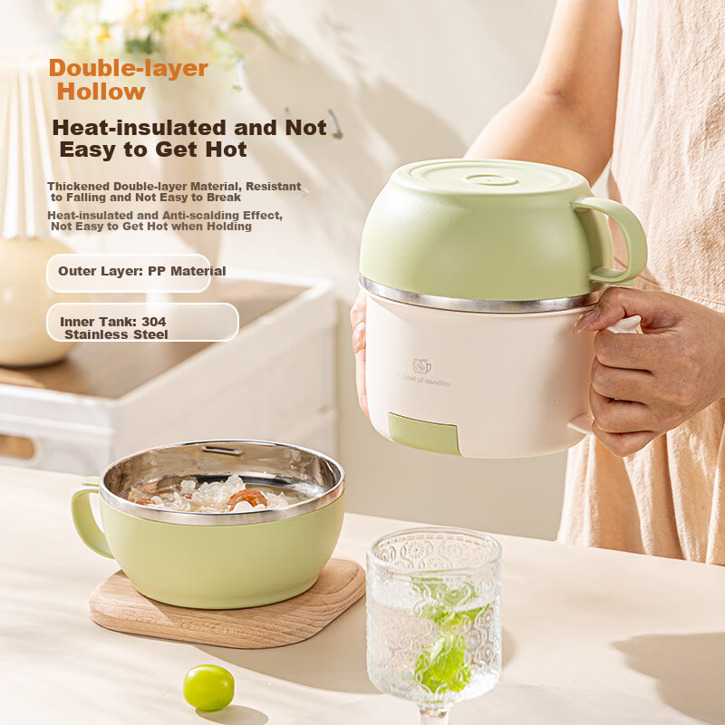 Guangyi 304 Stainless Steel Student Lunch Box, Fast Food Cup with Lid, Three-Layer Noodle Bowl, Comes with Spoon And Chopsticks, Green GY7353