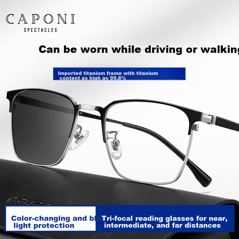CAPONI Japanese Imported Photochromic Reading Glasses for Men, Smart Zoom, Ultra-Light Semi-Rimless, High-Definition, Anti-Blue Light, Pure Titanium, Bifocal