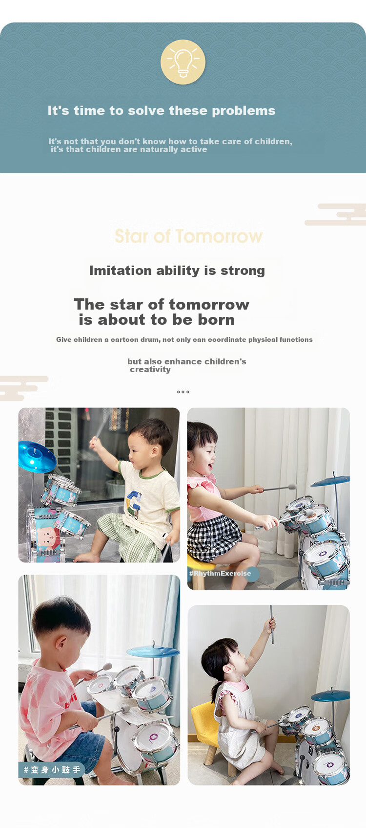 QIAO WA BAO BEI Kids Drum Set Children's Gift Toy for Ages 1-5 Birthday Present for Boys and Girls Early Education New Year Toy 9
