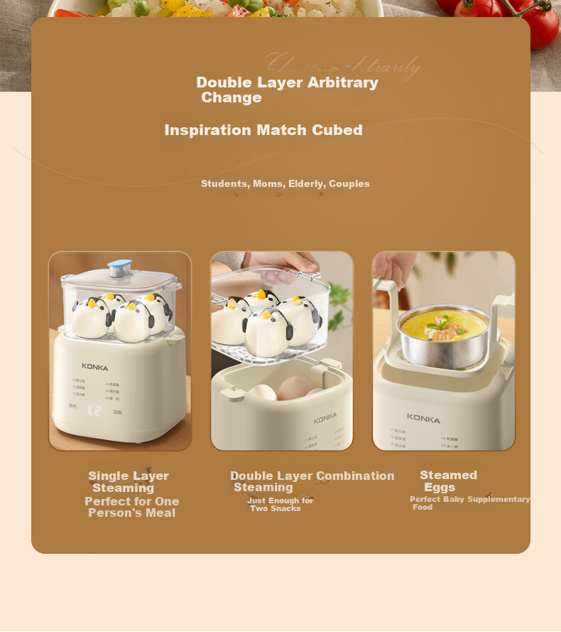 KONKA Egg Cooker, Compact Multifunctional Mini Electric Steamer, Single And Double Layer Breakfast Maker, All-In Egg Custard Machine for One Person, Home Steamer KZDQ-0303 6