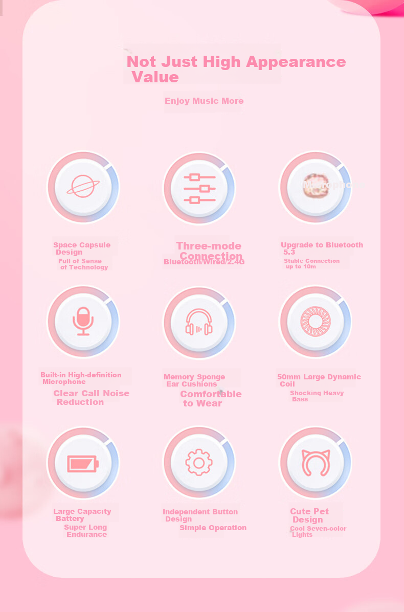 ONIKUMA Wireless Bluetooth Headphones with Microphone, Noise-Cancelling, for Women's Online Classes, Music, Gaming, Three-Mode Headphones, Suitable for Live Streaming, Computers, Tablets, Cute Cat Ears Design, Birthday Gift 2