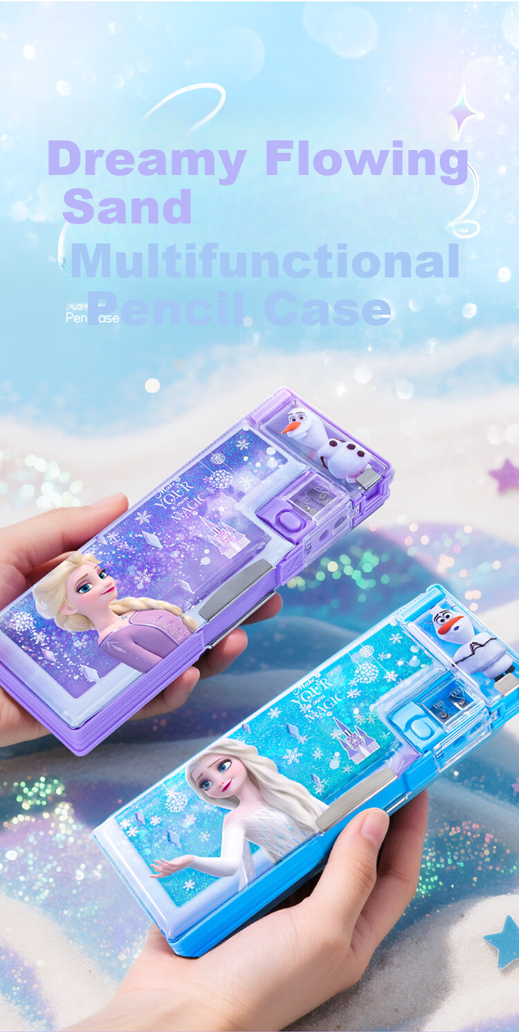 Disney Sand Art Pencil Case for Girls, Children And Elementary School Students, Multifunctional Plastic Pencil Box with Double Layers, School Supplies, Elsa Princess Graduation Gift 1
