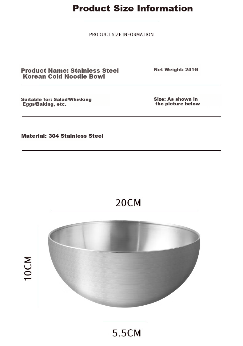 Baijie Korean Cold Noodle Bowl, Rice Mixing Bowl, 20cm Stainless Steel Large Bowl, Soup Bowl, Korean Cuisine Tableware, Ramen Bowl, Silver Color 7