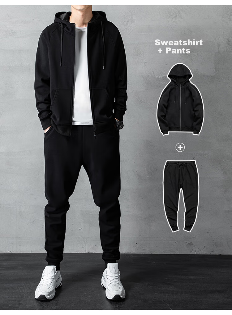VANCAMEL Hoodie Set for Men, Spring And Autumn Sports Hooded Sweatshirt And Long Pants, Casual Two-Piece Set for Young Men, Black, XL 2
