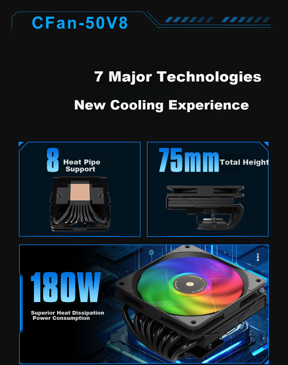 COXBYTE Bottom-Pressed CPU Cooler with 8 Heat Pipes / 12cm Fan (Intel/AMD Multi-Platform Compatible) ITX Small Case Air Cooler CFan-50V8 Black ARGB Sync Light 3