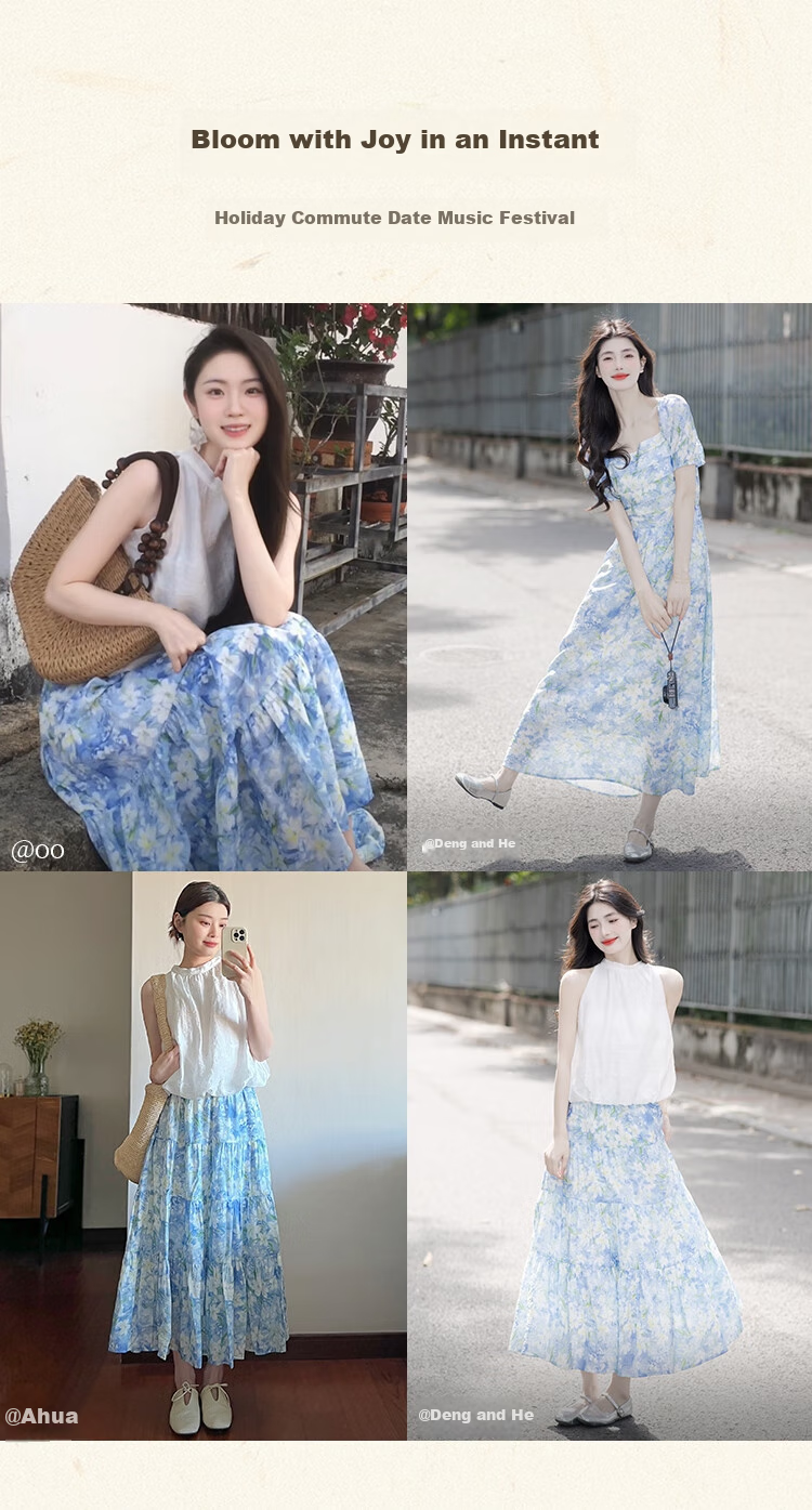 Inman Vacation Style Seaside Print Dress Summer Women's Square Neck Puff Sleeve Waist Cinched Long Dress Glaze Blue M 10