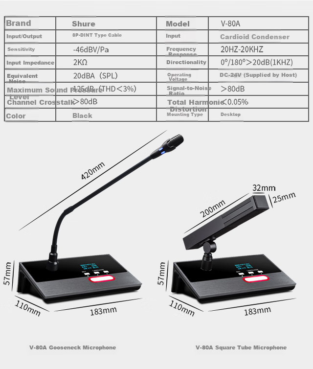 Shuledi V-80A Domestic Wired Handheld Conference Microphone, Meeting KTV Speaker, Square Tube Goose Neck Supporting Network Cable And 8-Pin Dual Interface (8 Microphones + Main Unit) 15