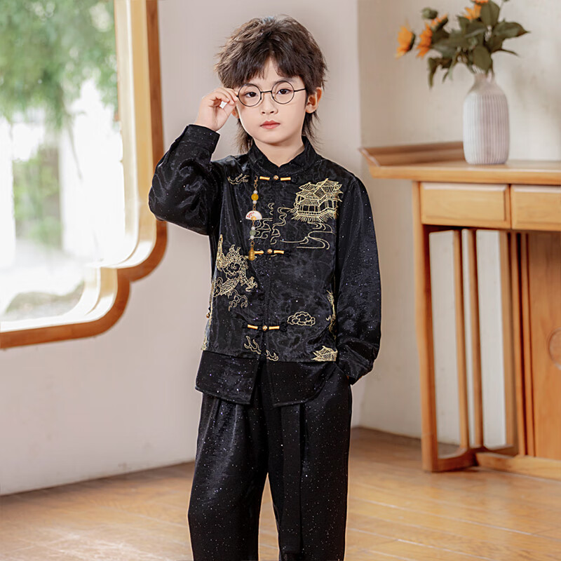 Radish Beibei Children's Traditional Chinese Style Suit Tang Suit Hanfu Boys Host New Year Outfit Black Three-Piece Set Size 130