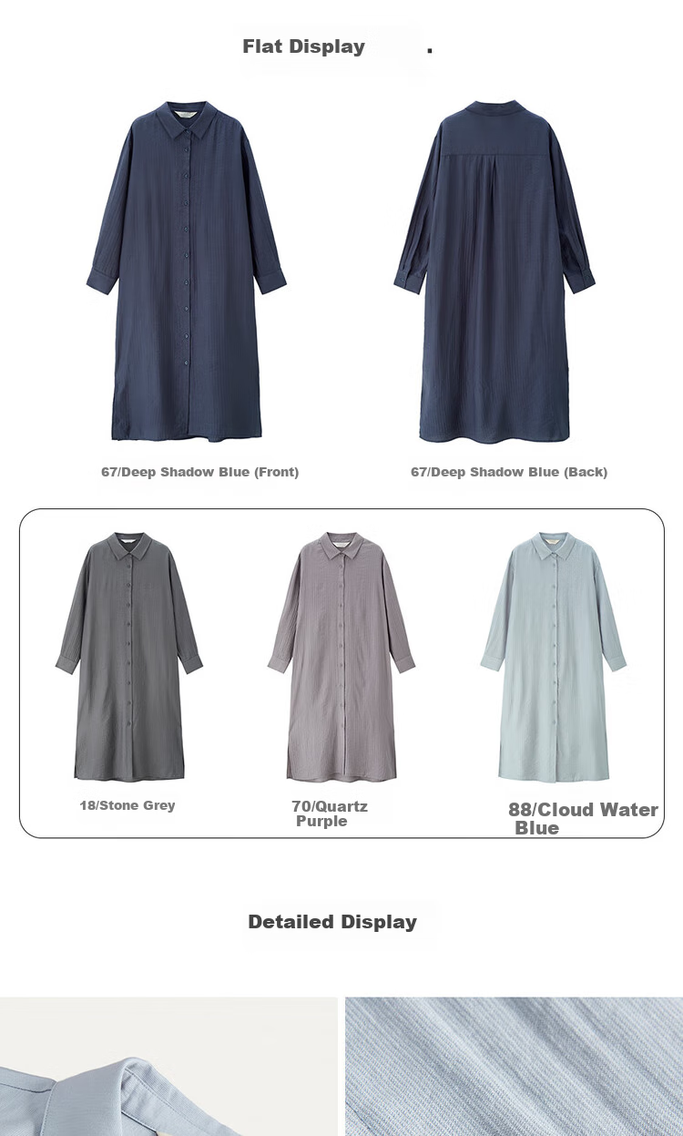Giordano Women's Dress, 2026 Spring New Style, Side Slit with Subtle Stripes, Long-Sleeve Shirt Dress for Women, 05465070 18