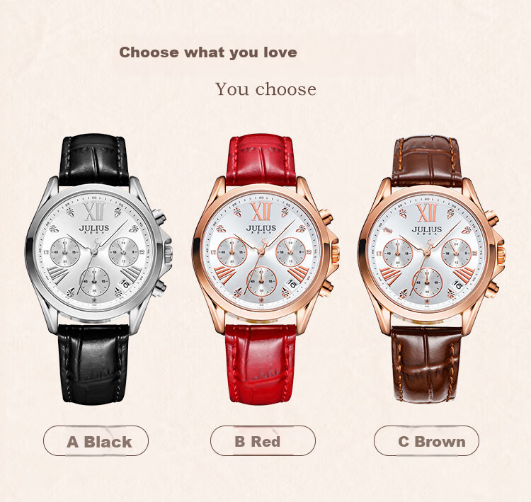 Julius Women's Watch with Calendar, Multifunctional Elegant Diamond-Studded Quartz Watch, Waterproof Ladies' Wristwatch, Brown JA-1482C 13