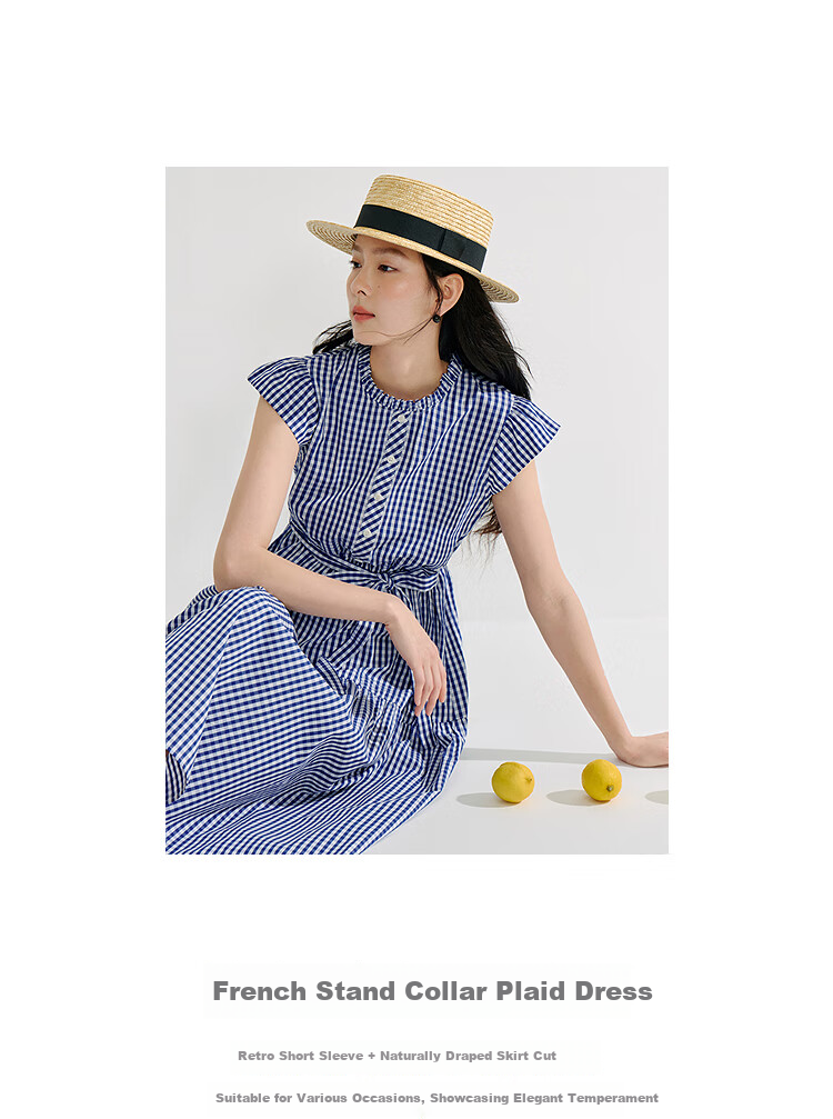 INMAN French Plaid Dress Summer Women's Versatile Puff Sleeve A-Line Skirt Navy Blue S 48