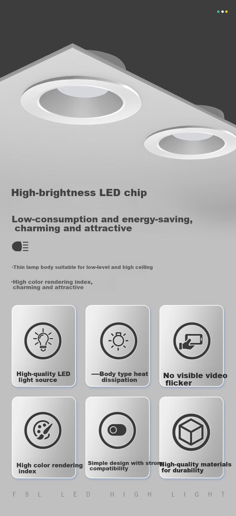 FSL Foshan Lighting LED Recessed Downlight Anti-Glare Living Room Ceiling Light 2.5 Inch 6W Tri-Color Adjustable Aperture 75mm 5