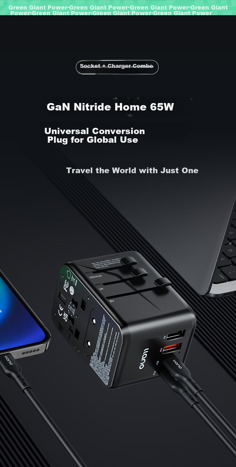 Llano Adapter Plug Universal for Europe, Germany, UK, Korea, USA, Japan, Hong Kong, Malaysia, Macau, PD65W GaN Black 4