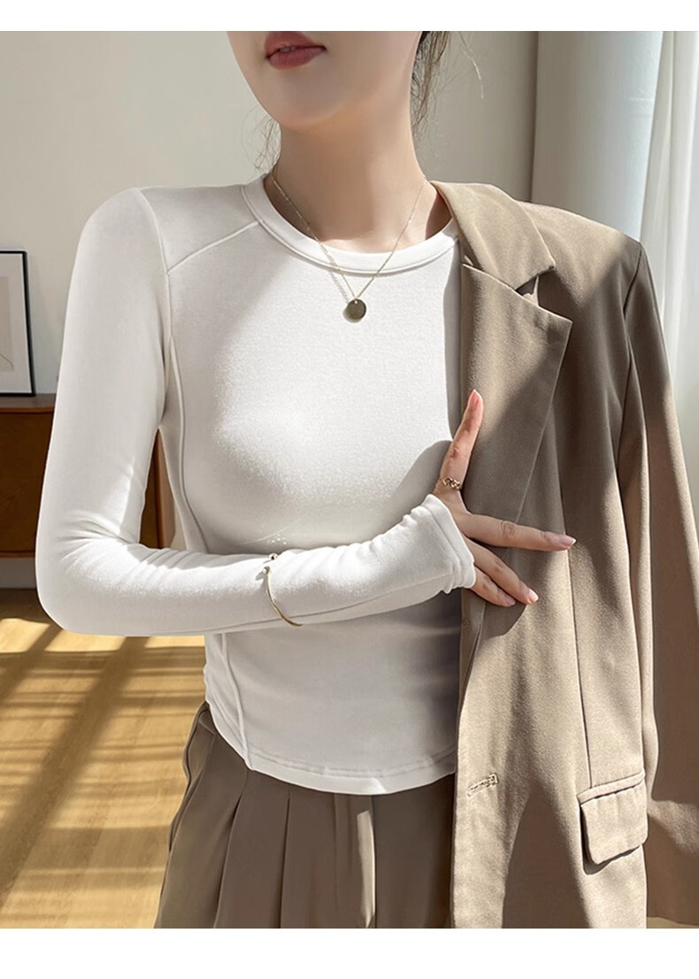 La Chapelle Crew Neck Fleece Thickened Curved Hem Herringbone Inner Layer Autumn Winter Slim Fit Long Sleeve T-Shirt Women Off-White M 10