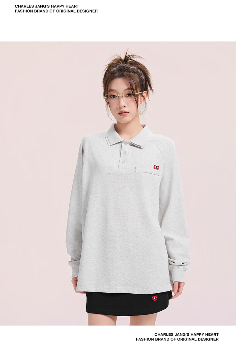 Charles Peach Heart Vintage Polo Shirt Unisex Autumn Trendy Loose Fit Classic Collar Solid Color Couple Long Sleeve Light Heather Gray XS 7