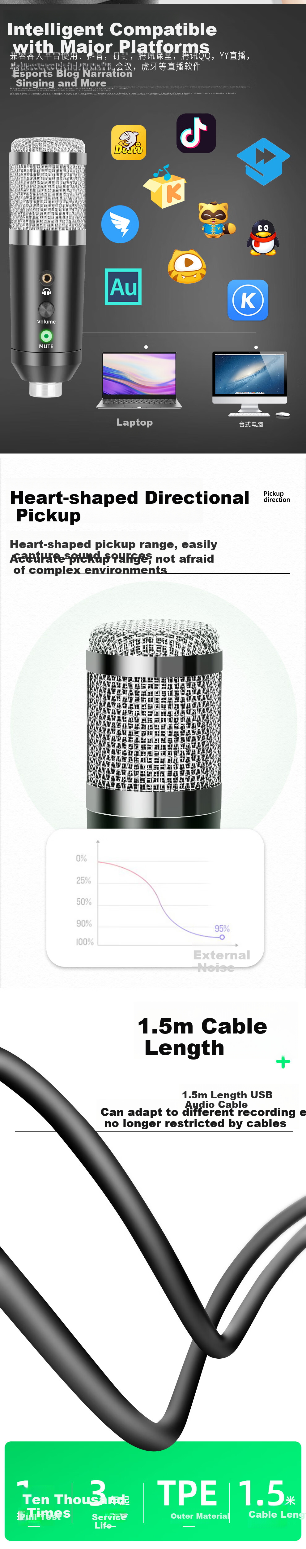 Depusheng A9 USB Microphone for Live Streaming, Compatible with Phones And Computers, for Online Classes, Recording, Voice Overs, Karaoke, Gaming, Livestreaming, TikTok Videos, And Course Materials, Professional Sound Card Microphone with Condenser Capsule, Type-C Connector 3