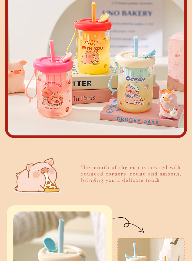 KAWASIMAYA & Lulu Pig Collaboration Glass Cup Women's High-Value Tea Separation Straw Cup Juice Coffee Cup Pink Edition 4