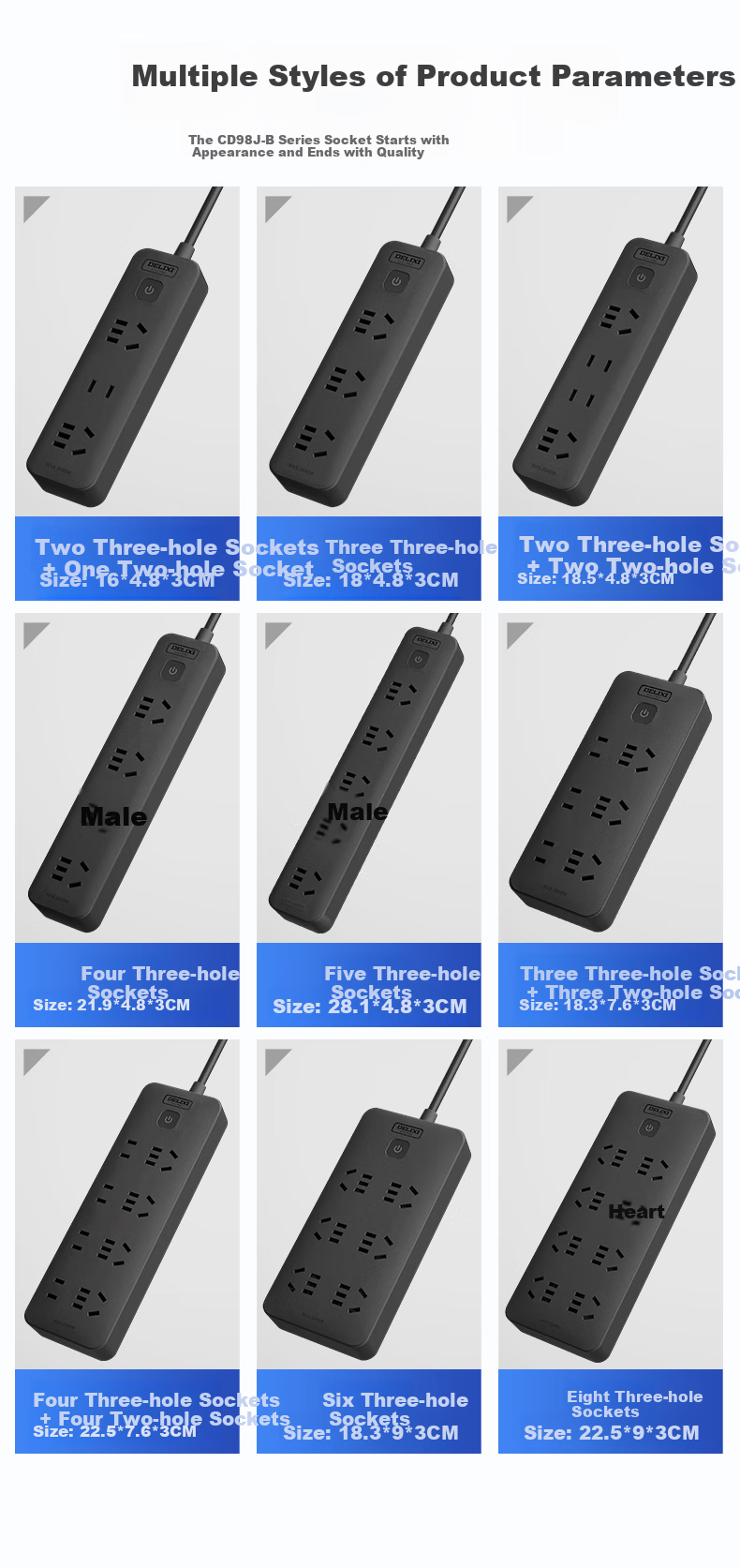 DELIXI National Standard Power Strip/surge Protector/power Bar/extension Cord/extension Strip/power Board 3 Outlets with Master Switch, Total Length 1.8 Meters, Black 9