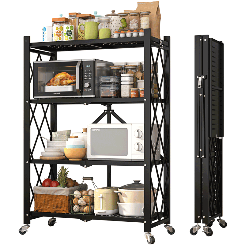 Leaijia Foldable Storage Rack, No Installation Required, Multi-Layer Kitchen Shelf, Movable Floor Storage Organizer for Oven And Microwave