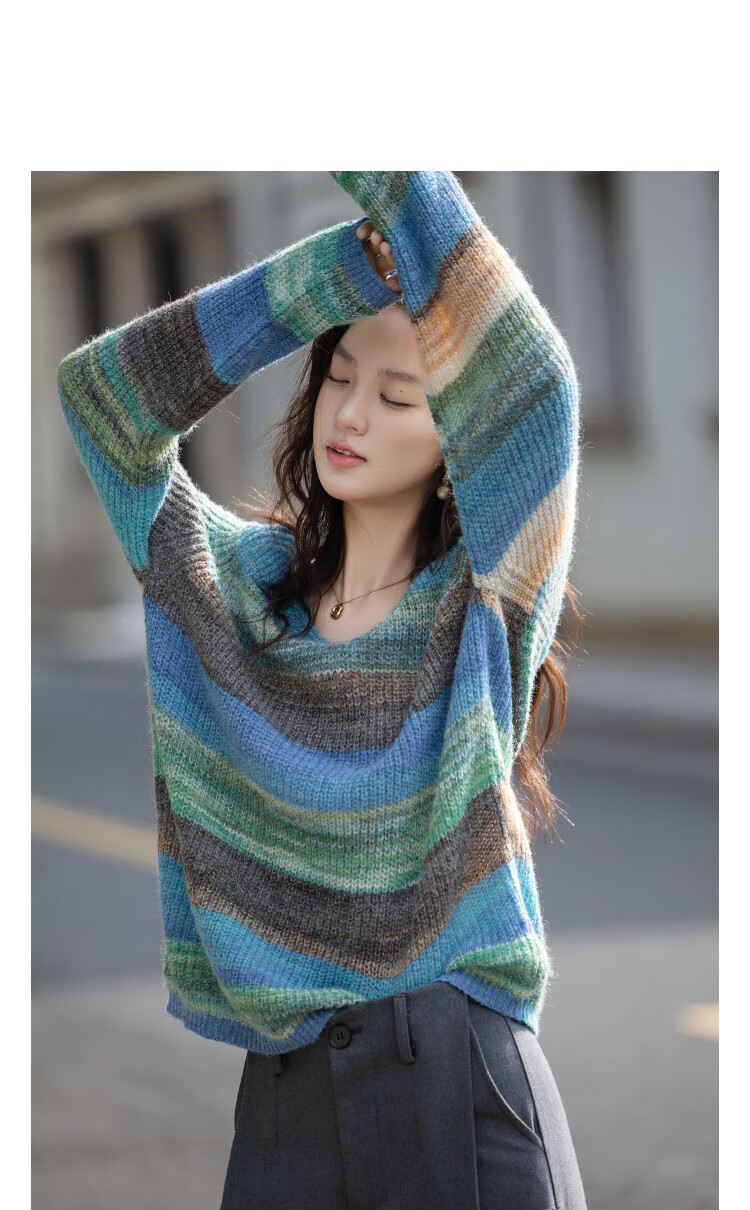 Demana Autumn Sweet V-Neck Color-Block Striped Loose Fit Knit Sweater with Fluffy Wool for Women 1