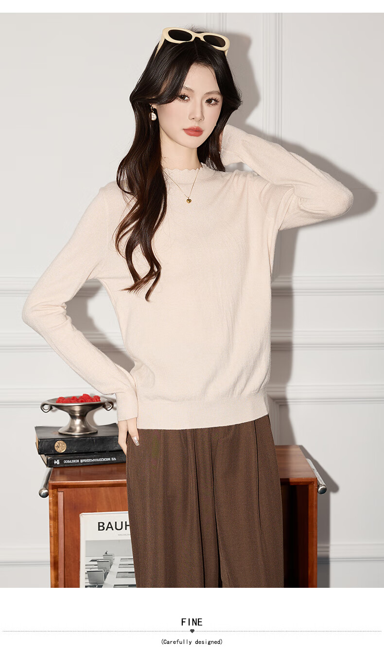 Jeanswest Women's Summer Soft Knit Casual Long Sleeve Lace Trim Round Neck Camel One Size Top 14