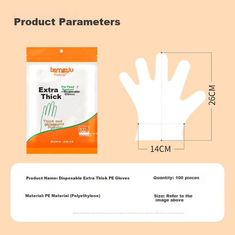 Temeiju Disposable Gloves, Food-Grade, 100 Pieces, Extra Thick, Transparent Plastic, Thickened for Kitchen, Dishwashing And Catering