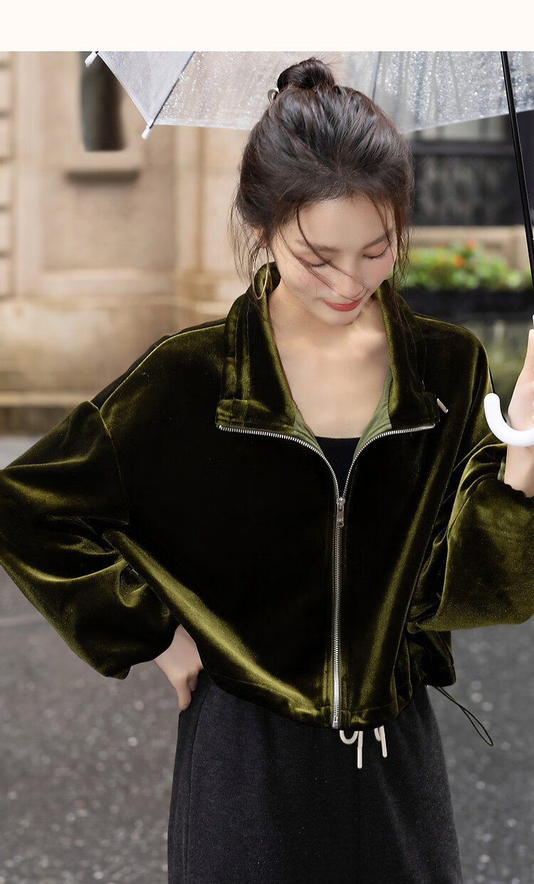 Demana Modern Luxury Spring Autumn Glossy Elegant Velvet Stand Collar Lantern Sleeve Adjustable Drawstring Hem Jacket for Women 6
