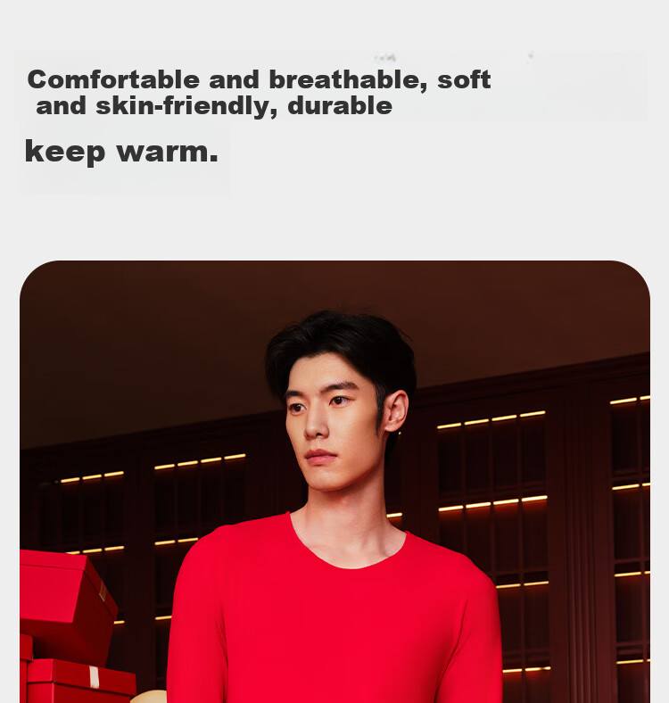 HLA [Hongyun] Thermal Underwear for Men, Zodiac Year Double-Sided Fleece 230g, Jijie Red Autumn Top And Bottom Set 5