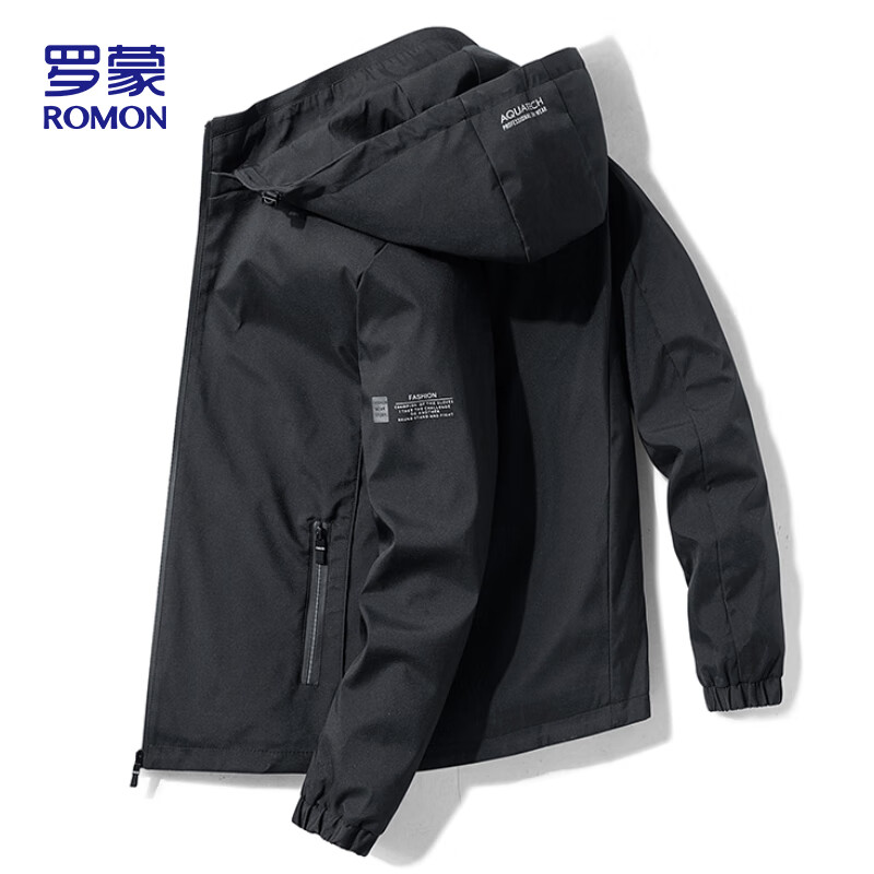 ROMON Men's Jacket Spring Autumn Trendy Youth Business Casual Hooded Fleece Lined Black 2XL