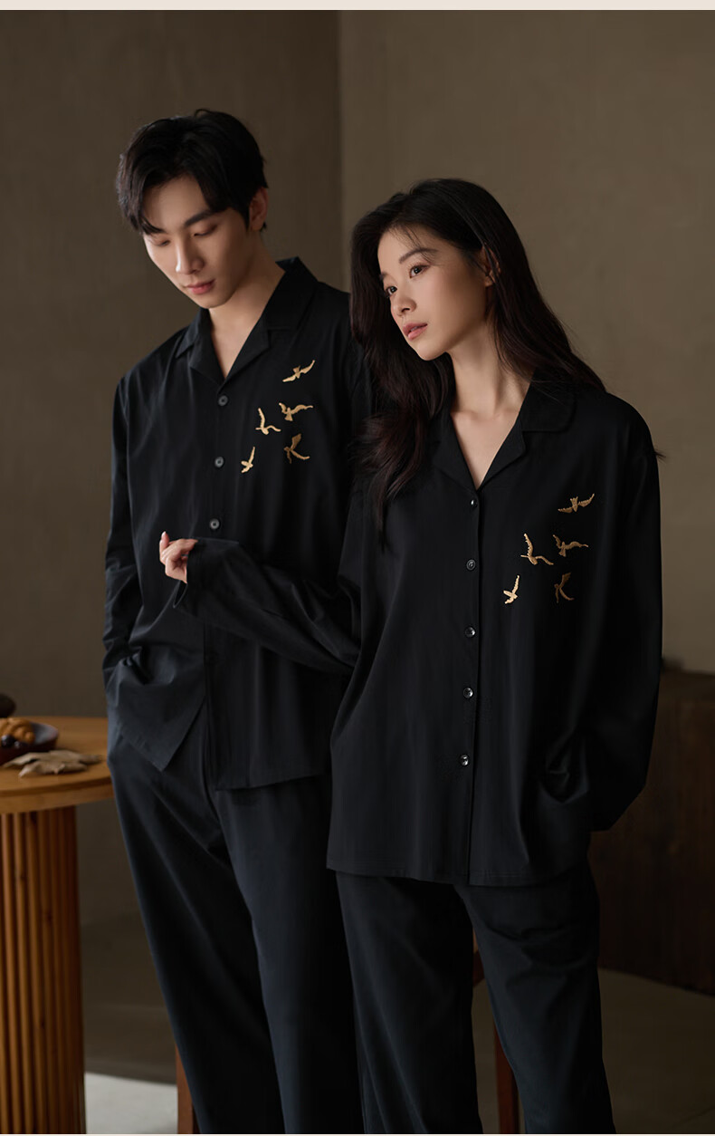 Shaqian Couples Pajamas 2025 New Soft Cotton Men's Homewear Black Lapel Women's Spring Autumn Wearable Set 4