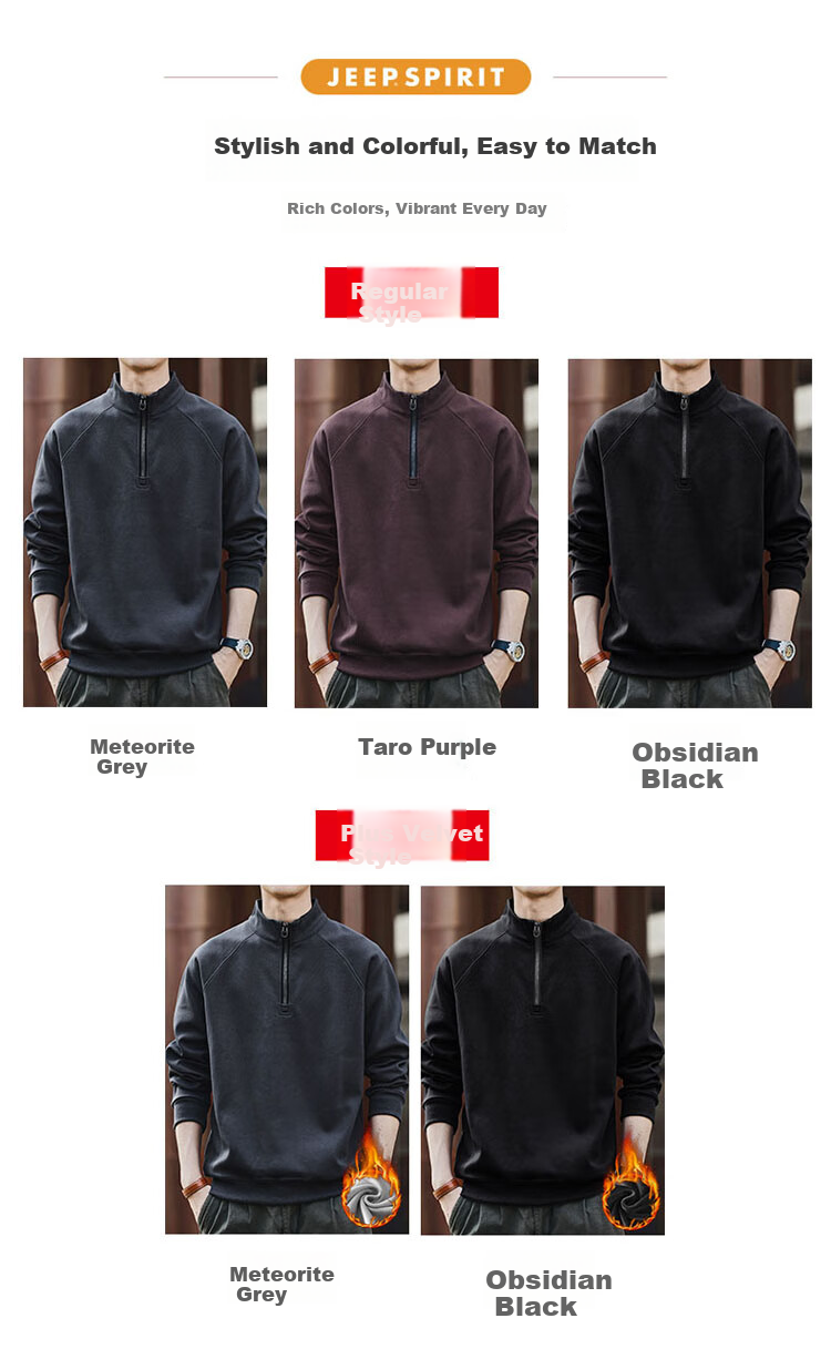 JEEP SPIRIT Half-Zip Stand Collar Sweatshirt for Men, Autumn And Winter Trendy Loose-Fit Men's Top, Meteorite Gray, 3XL 3