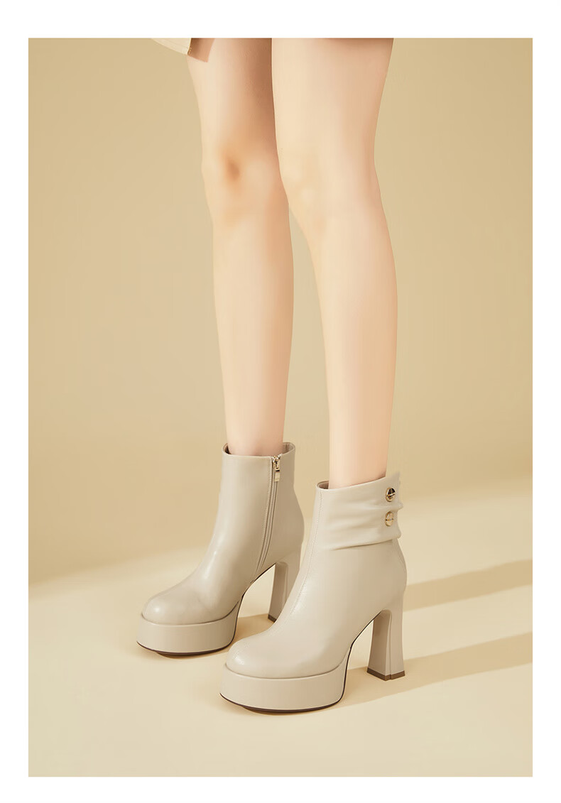 DAPHNE Side Zipper Fashion Elegant High Heel Short Boots Women Thick Heel Fleece-lined Slim Boots Black 37 7