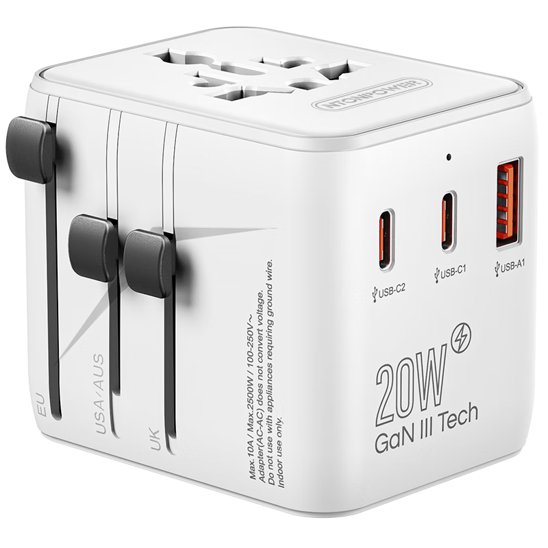Newton's Laws Universal Travel Adapter with Fast Charging Cable Set, International Socket Converter for UK, US, EU, AU, JP Standards, 20W Fast Charge, 1A2C+2AC Five-Port Simultaneous Charging, White