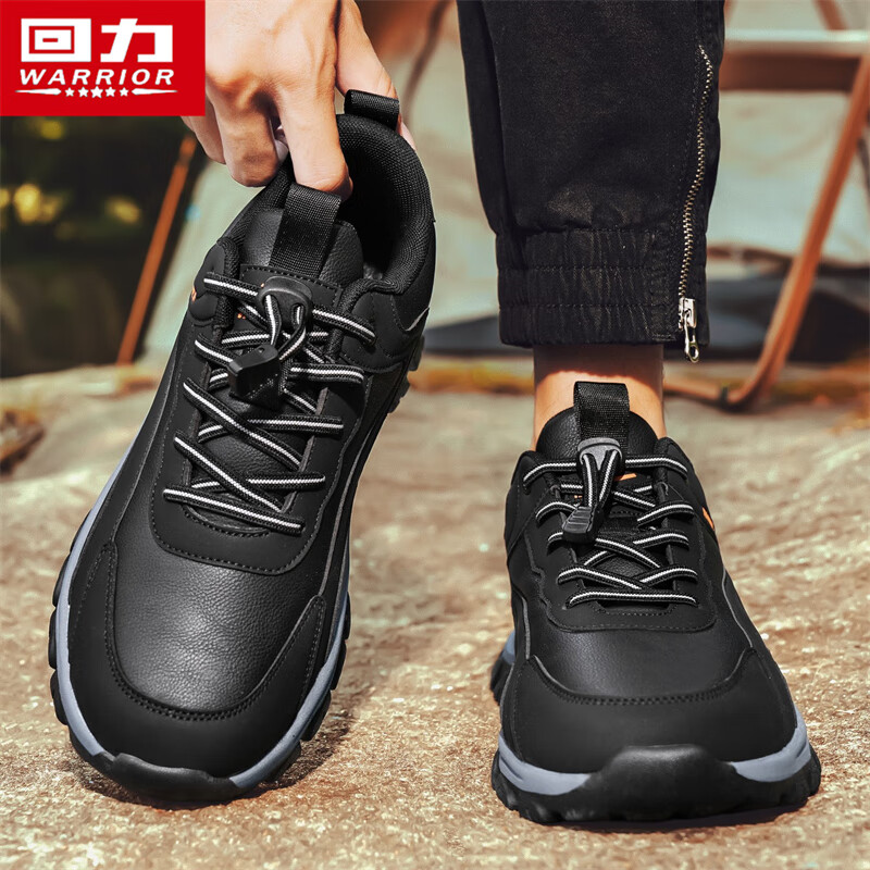 Warrior Men's Autumn Casual Sports Soft Sole Slip-On Leather Waterproof Non-Slip Walking Shoes Black Size 43