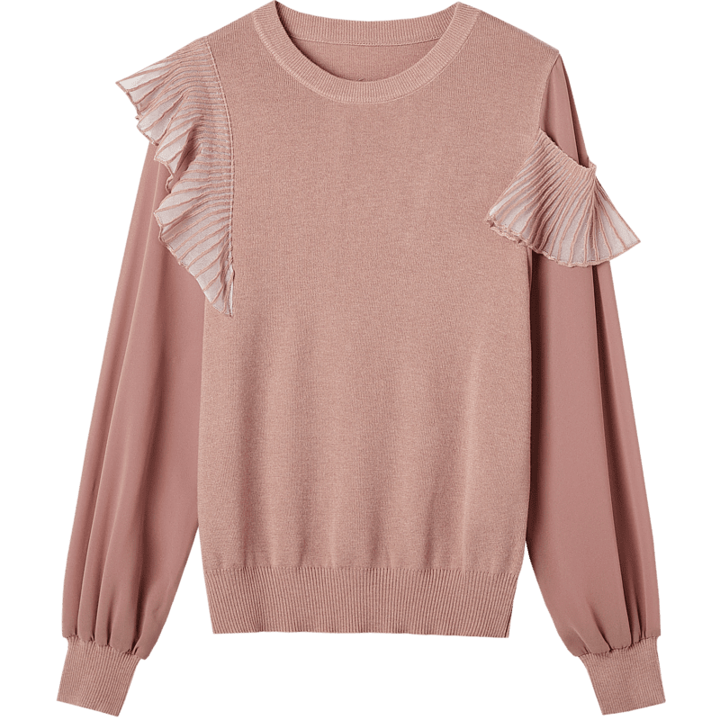 Dme Noblewoman Slim Velvet Yarn Sweater Spring and Autumn Light Mature Style Asymmetric Ruffle Round Neck Long Sleeve Knit Top for Women