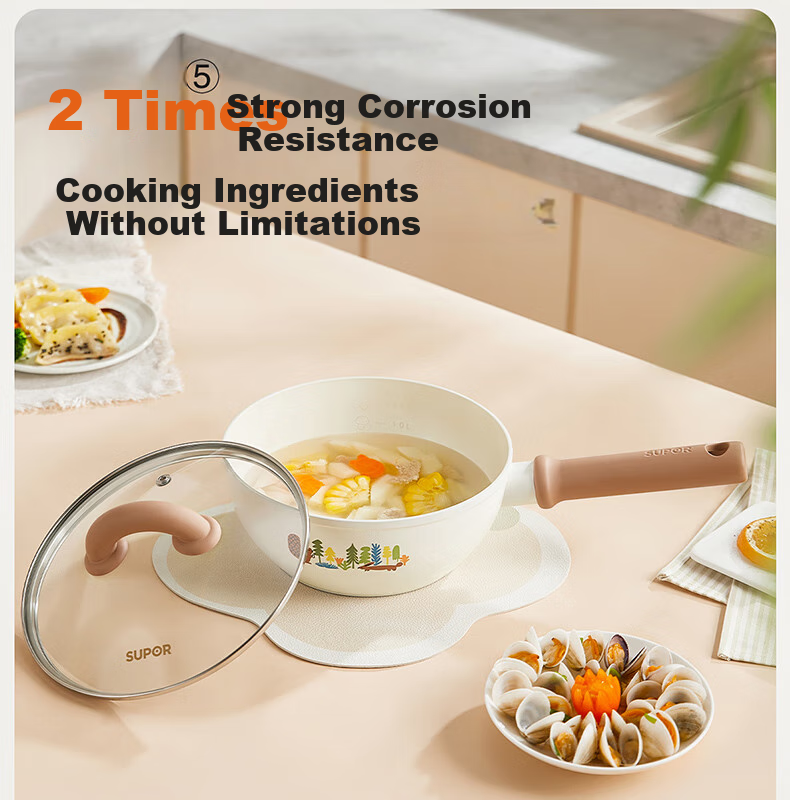 SUPOR Non-Stick Milk Pot, Flat Bottom Baby Food Pot, Noodle Soup Pot, Hot Milk And Instant Noodle Ceramic Pot, Compatible with Induction And Gas Stoves, 18cm 6