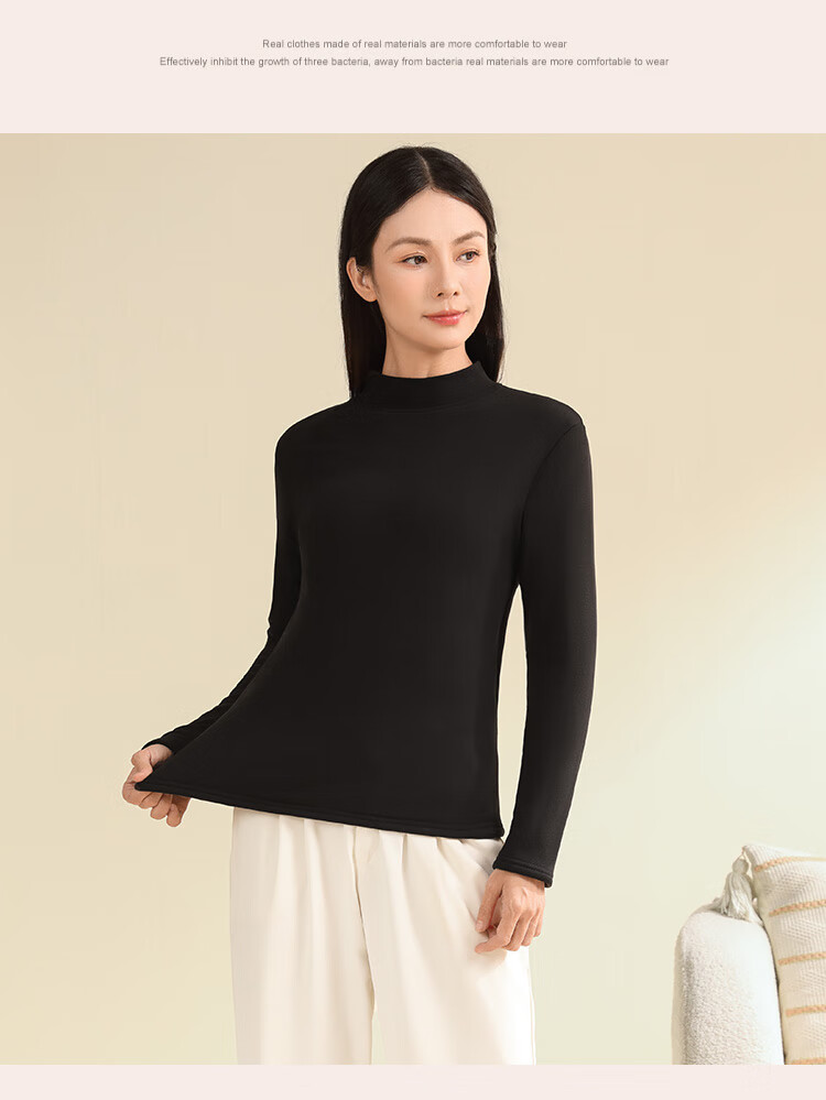 Tingmei [Triple Silk] Fleece-Lined Thickened Half Turtleneck Base Layer Top Women's Autumn Winter Thermal Underwear Shirt 14