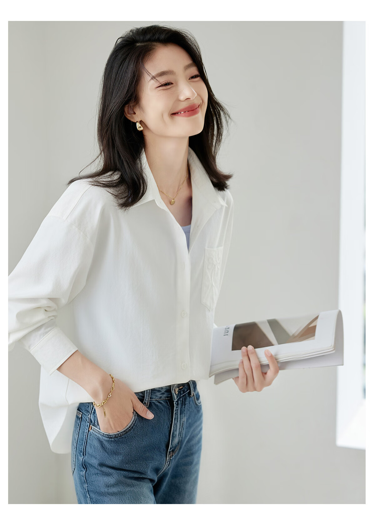 Chushen Women's Spring and Autumn Long Sleeve Shirt Embroidered Pocket Design Loose Simple Commuter Blouse S143C2031 16