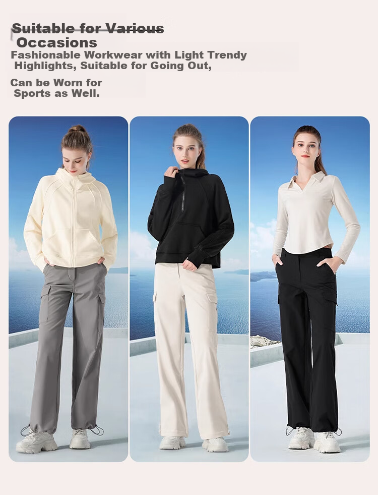 CAMEL Women's Cargo Pants, Unisex Style, Autumn Waterproof Casual Pants, Slimming Straight-Leg Sweatpants, Fleece-Lined Fashionable Woven Pants, Size L 15
