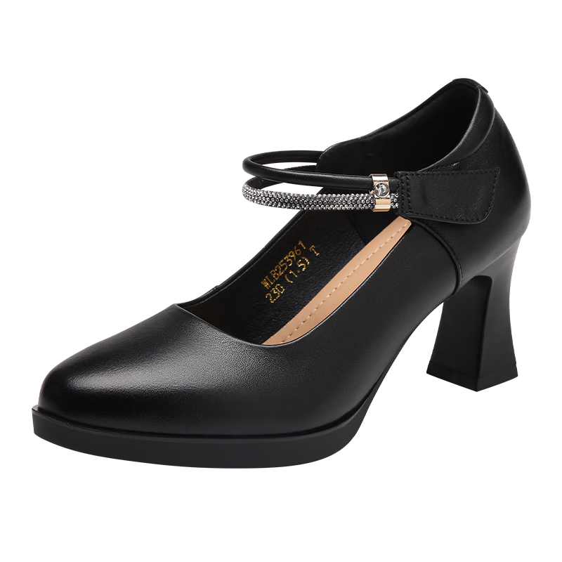 Red Dragonfly Women's Autumn Breathable Mary Jane High Heels Versatile Lightweight Leather Shoes WLB253961 Black Size 36