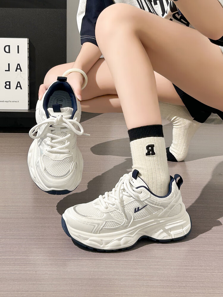 Warrior Women's Sports Shoes Autumn Casual Korean Style Breathable Haze Blue Dad Sneakers White Dark Blue Size 39 5